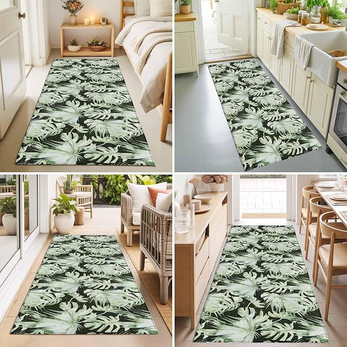 Runner Rug for Bedroom Hallway, Abstract Dark Green Palm Leaves Kitchen Runner Rugs Area Rug 2x6ft, Watercolor Plants Washable Soft Floor Carpet for Entryway Stair
