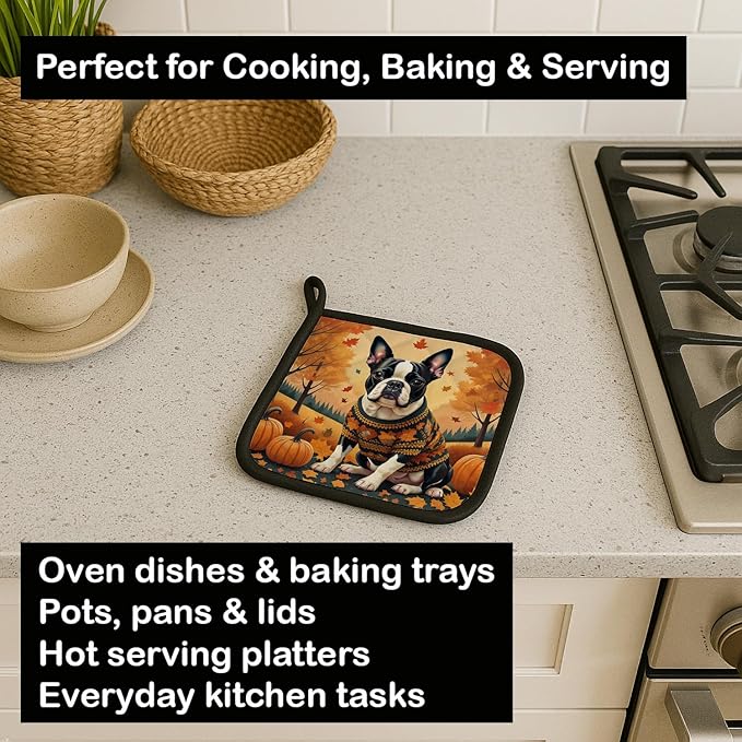 Caroline's Treasures DAC1024PTHD Boston Terrier Fall Pair of Pot Holders Kitchen Heat Resistant Pot Holders Sets Oven Hot Pads for Cooking Baking BBQ, 7 1/2 x 7 1/2
