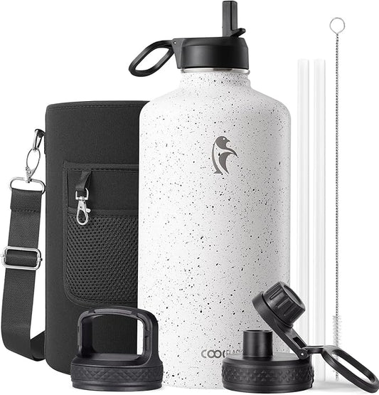 Coolflask 128 oz Gallon Water Bottle Insulated with Straw&3 Lids, Water Jug Large Stainless Steel Metal Vacuum Wide Mouth for Sports, Gym or Office, Non-BPA Keep Cold 48H Hot 24H, Arctic White