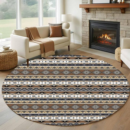 Washable Round Area Rug Boho Tribal Stripes Circle Rugs Floor Carpet for Living Room Bedroom, Ethnic Borders Arrow Motifs Soft Non Slip Round Rug 5ft