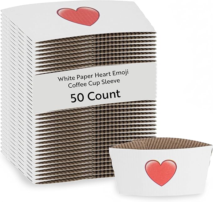 Restaurantware SLEEVES ONLY: Restpresso 5.1 x 2.8 Inch Coffee Cup Sleeves, 50 Corrugated Hot Cup Sleeves - Heart Emoji, Heat-Tolerant, White Paper Disposable Coffee Sleeves, Secure Grip