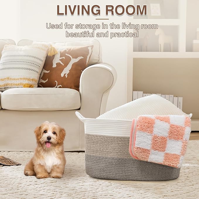 YOUDENOVA Nursery Storage Basket，21.6''×14.9''×11.8'' Rectangle Cotton Rope Blanket Basket, Nursery Laundry Hamper for Organizing，Toy Basket for Living Room, Bedroom