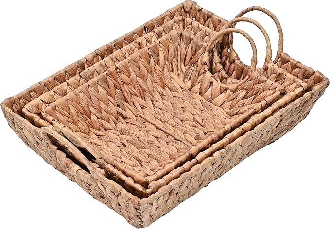happimess TRY2000A-3SET Rowan Bohemian Cottage Handwoven Hyacinth Rectangular Decorative Basket Trays with Handles, Natural (Set of 3) for Storage and Decoration in Bathroom, Bedroom, Living Room