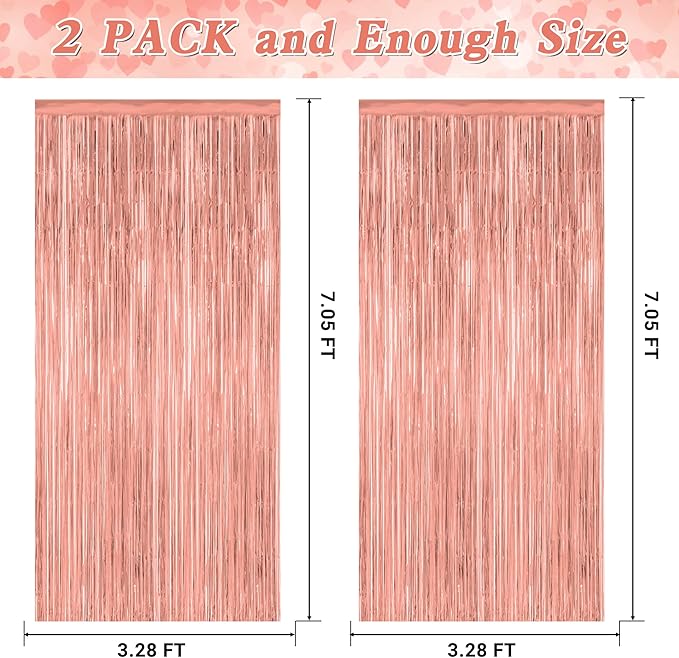 ZATAYE 2 Pack Rose Gold Decorations, 3.28 FT x 7.05 FT Rose Gold Fringe Curtains, Metallic Photo Backdrop Tinsel Backdrop Foil Curtains, Metallic Party Supplies Wedding Decor