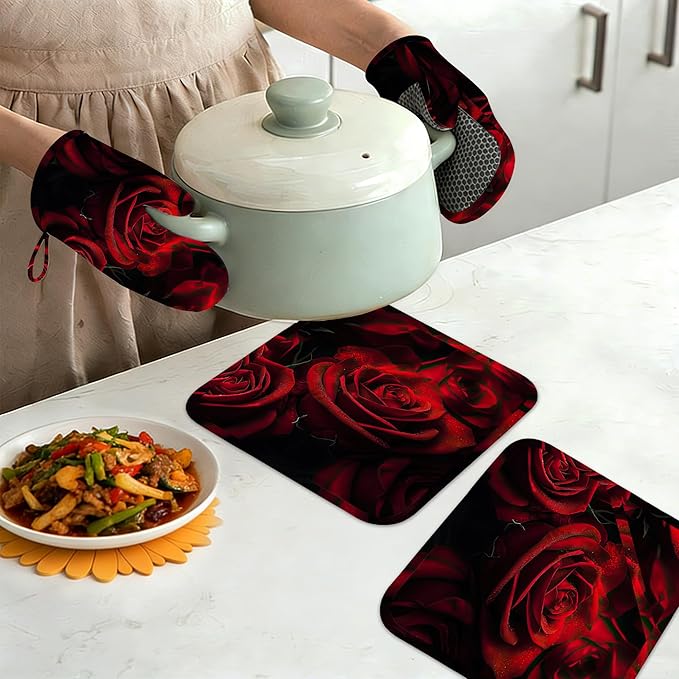Red Rose Oven Mitts and Pot Holders Set of 4,Kitchen Glove Heat Resistant Oven Mitts with Non-Slip Silicone for Baking, Cooking, BBQ