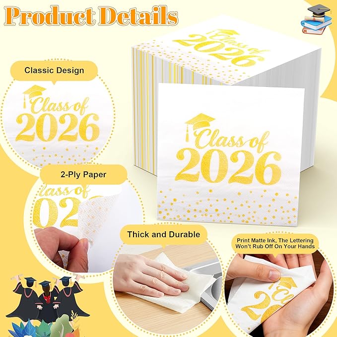 Graduation Napkins, Class of 2026 Napkins Disposable Paper Napkins Congrats Grad Cocktail Napkins Graduation Decorations 2026 Yellow Napkins Hand Towels for College Graduation Party Decorations 50 Pcs