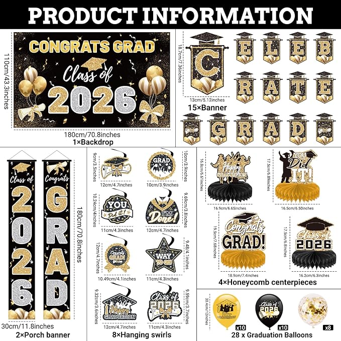 Black and Gold 2026 Graduation Party Decor Kit-Includes Backdrop, Banner, Balloons, Hanging Swirls & Honeycomb Centerpieces for Class of 2026 -Full Set for High School and University Graduation Events