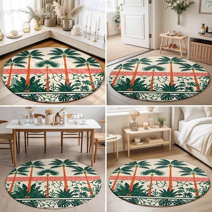 Washable Round Area Rug Vintage Sage Green Tall Palm Trees Circle Rugs Floor Carpet for Living Room Bedroom, Summer Tropical Plants Soft Non Slip Round Rug 5ft