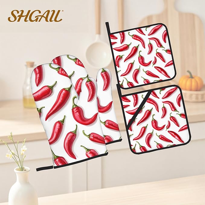 Red Pepper Pattern Oven Gloves and Hot Pads Set - Heatproof Hand Protection for Baking, Grilling, Cooking 4Pcs