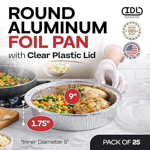 IDL Packaging 9" Round Aluminum Foil Pans with Dome Lids (Pack of 25) - Disposable Aluminum Container with Clear Plastic Lids - Great for Baking, Cooking, Serving