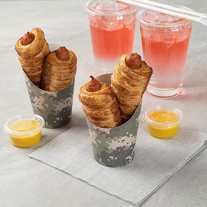 Restaurantware-Bio Tek 12 Ounce French Fry Containers, 100 Disposable Charcuterie Cups - Incline Design, Round, Camouflage Paper French Fry Cups, Stackable, For Waffles, Chips, or Popcorn