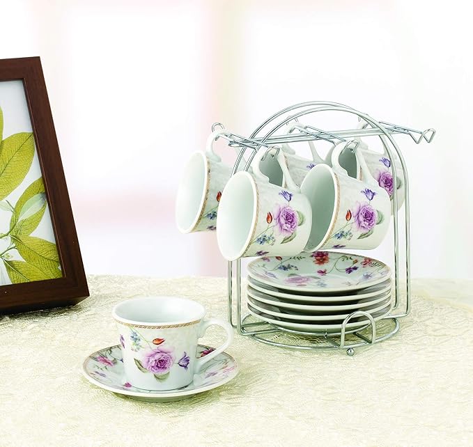 Set of 6 Espresso Cups 2oz. On Metal Stand-Purple Flower