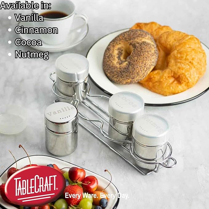 TableCraft 11052 Dredge Shaker, Stainless Steel 6 oz Coffee and Baking Spice Jar with Storage Cap, Mirror Finish, Nutmeg Engraved Lid Label, Ideal for Kitchen and Beverage Bar Use