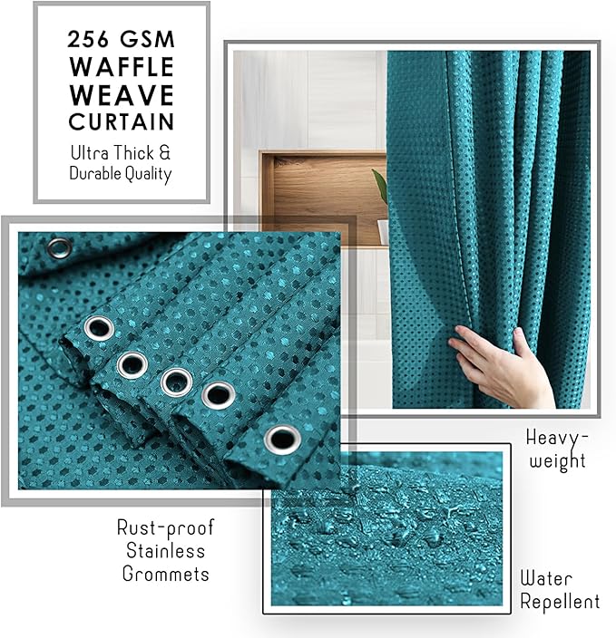Clara Clark Teal Shower Curtain Set with Rugs - Bathroom Sets with Shower Curtain and Rugs, Fabric Shower Curtains and 2 Bath Mats, Modern Bathroom Shower and Curtain Sets for Tub Or Stall