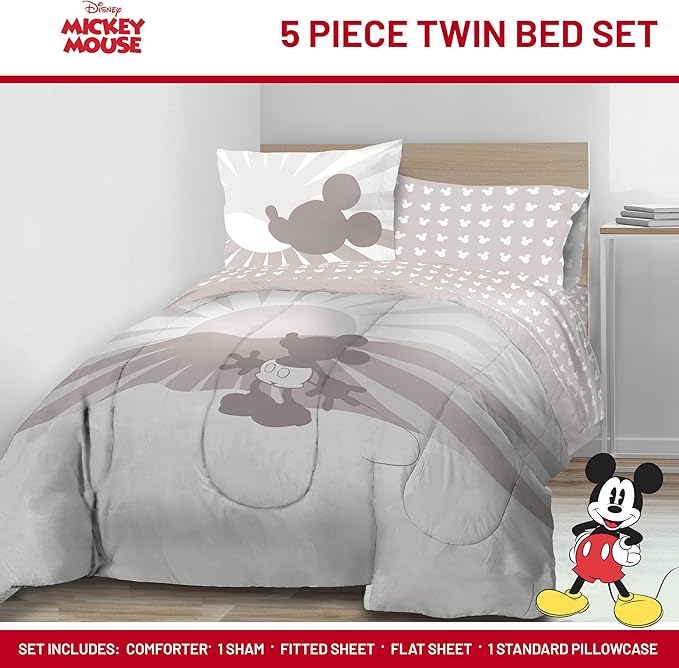 Jay Franco Disney Mickey Mouse Twin Size Comforter Set - 5 Piece Bedding Includes Sheet Set & Pillow Covers - Super Soft Cozy Bedding