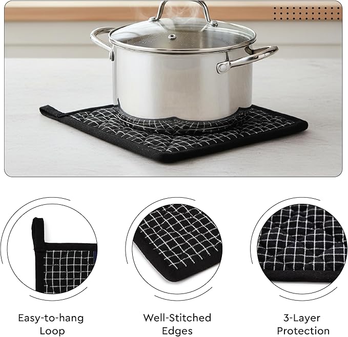 Encasa XO Heat Resistant 100% Cotton Oven Glove & Potholder Set with Loop, Kitchen Cooking Mittens, Microwave Safe Hot Pads (Butcher Checks Black)