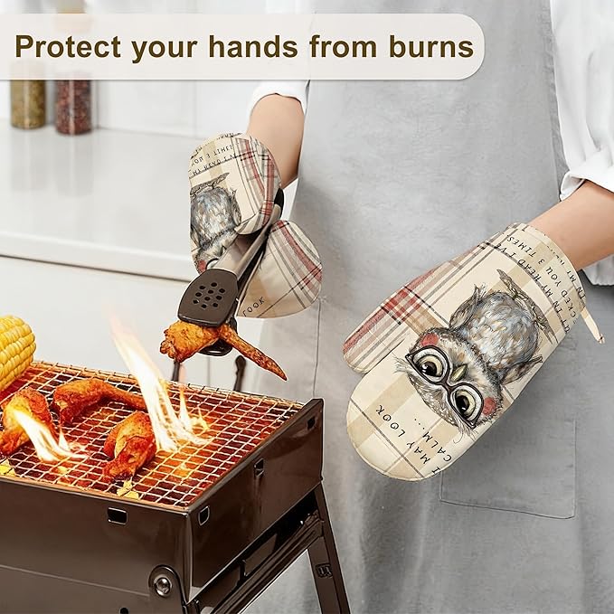 Funny Owl with Sunglasses Oven Mitts and Pot Holders Sets of 4, Heat Resistant Vintage Plaid Silicone Oven Mitts Gloves Non-Slip Kitchen Mittens Potholders for Cooking Baking Grilling BBQ