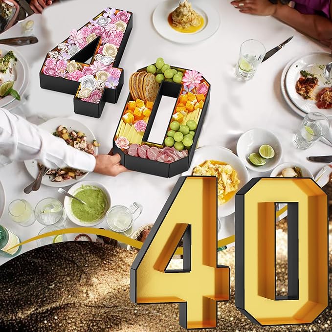 40 Cardboard Numbers for Charcuterie Numbers Fillable 13.8'' Black Gold Paper Mache Number Shaped Cupcake Pans Board Box Trays Container for Food Candy 40th Birthday Party Decorations Anniversary