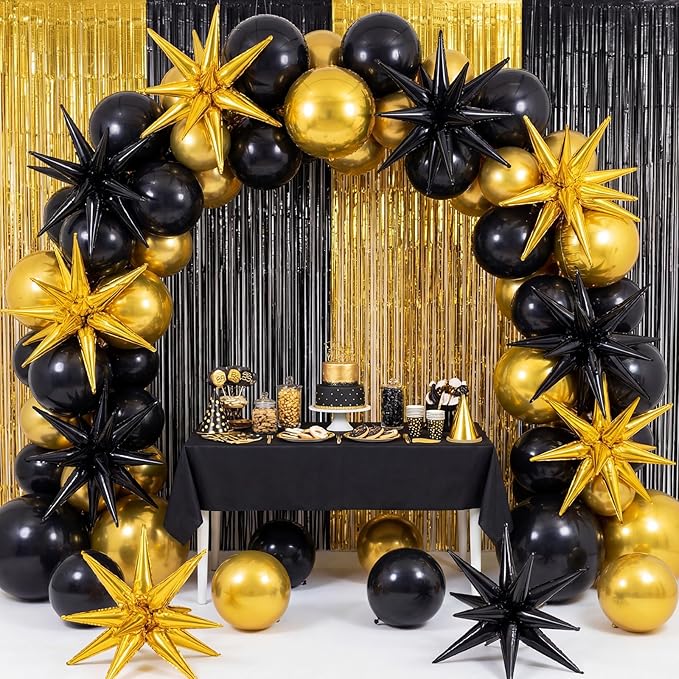 Seenelling 25 Pcs Black and Gold Graduation Party Decorations 2026 Sets 22 Inch 4d Large Stars Balloons with Metallic Tinsel Foil Fringe Backdrop Curtains for Roaring 20s Party Birthday Wedding Decor