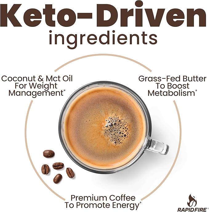 Rapid Fire Hazelnut Instant Coffee with MCT Oil & Grass-Fed Butter – Energy, Focus & Metabolism Support – Low Sugar Functional Coffee Mix – Keto & Low-Carb Friendly – 15 Servings