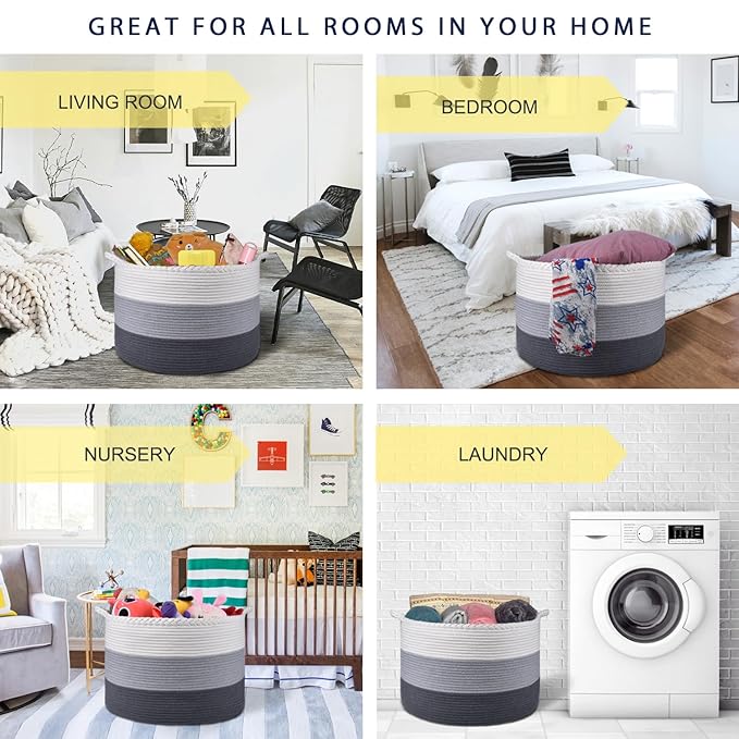 COMSE Extra Large Woven Blanket Laundry Basket, 21.7”x 13.8”, Nursery Hamper, Cotton Rope Laundry Hamper Living Room for Storage Toys Clothes Towels (White & Light Gray & Dark Gray)