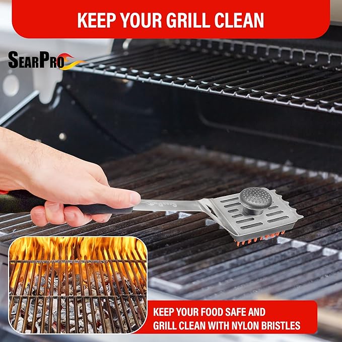 4-in-1 Grill Brush Combo by SearPro BBQ Cleaner Scraper Barbecue Tool Accessories Kit Heat Resistant Nylon Bristle Spatula Outdoor Smoker Black Stone Grate Cast Iron Spatula Non-Wire Brush (4 in 1)