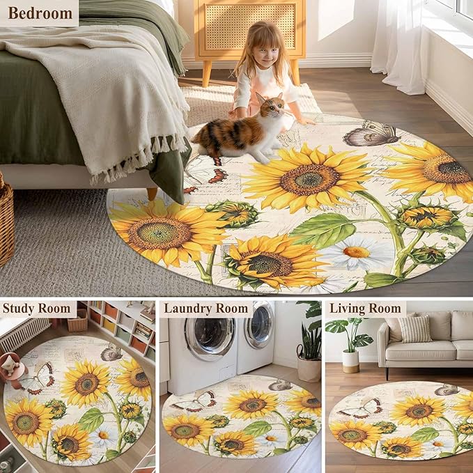 Sunflower Farmhouse 3.3ft Round Rug, Retro Floral Butterflies Non-Skid Rubber Backing Large Area Rugs - Living Room Bedroom Home Office, Spring Summer Indoor Floor Mat Carpets Washable Rug