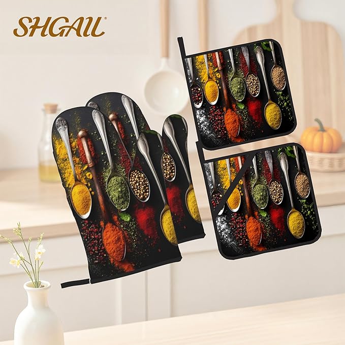 Oven Mitts and Hot Pads Set - Colorful Spoon Design, Heat Resistant Cute Pot Holders for Kitchen, Baking Gifts for Women