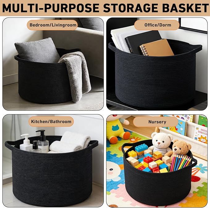 90L Extra Large Blanket Basket,Woven Rope Laundry Basket Hamper with Handles, Decorative Nursery Basket Storage Bin for Toys, Clothes Organizer, Living Room, Bedroom, Bathroom, Black