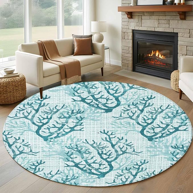 Washable Round Area Rug Coastal Sea Coral Retro Linen Circle Rugs Floor Carpet for Living Room Bedroom, Underwater Ocean Life Soft Non Slip Round Rug 5ft