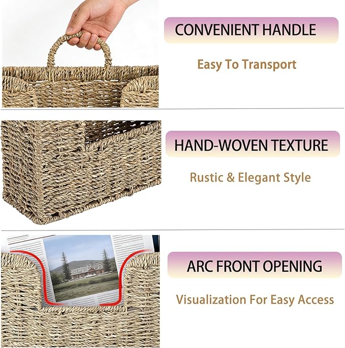Woven Hanging Basket for Wall, Magazine and Mail Organizer Holder with Sturdy Frame,Seagrass Magazines Baskets Also Stands on Tabletop, Wall Mount Storage Rack for Home Office