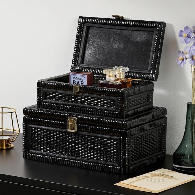 2PCS Rattan Boxes with Lid Decorative Natural Handmade Boho Baskets Woven Wicker Cane Bin Keepsake Memory Jewelry Rectangular Desk Shelf Closet Organizer Container (Black, 1 Large 1 Small)
