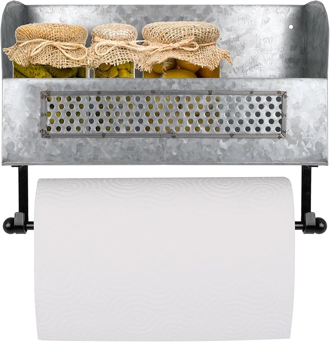 Autumn Alley Farmhouse Paper Towel Holder with Shelf - Wall Mount Paper Towel Holders - Rustic Paper Towel Holder - Farmhouse Towel Racks for Bathroom and Kitchen Wall Decor, Galvanized Grey