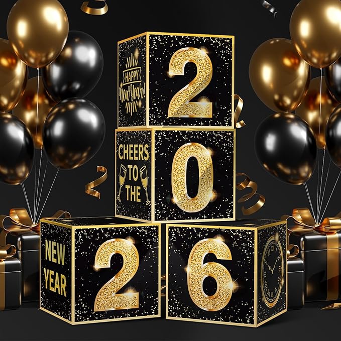 New Years Eve Party Supplies 2026 Balloon Box Kit Gold and Black New Years decorations for 2026 Happy Eve Party Decoration Supplies