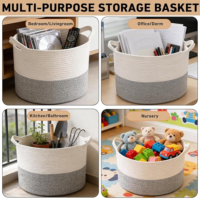 65L Large Blanket Basket,Woven Rope Laundry Basket Hamper with Handles,Decorative Nursery Basket Storage Bin for Toys, Pillows , Clothes Organizer, Living Room, Bedroom, Bathroom, White&Grey