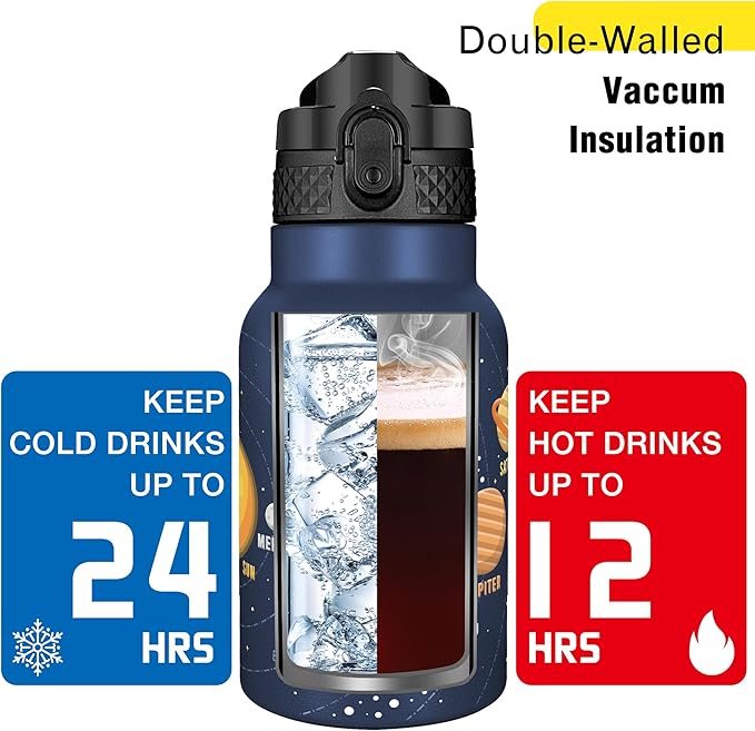 Han's Bottle Kids Water Bottle with Straw Lid - Insulated Stainless Steel Reusable Tumbler for Girls,Boys,Thermo Mug,12oz,Space Planet