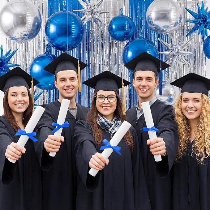 Seenelling 25 Pcs Blue and Silver Graduation Party Decorations 2026 Sets 22 Inch 4D Large Stars Balloons with Metallic Tinsel Foil Fringe Backdrop Curtains for Birthday Anniversary Wedding Decor