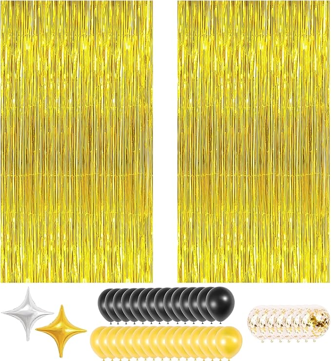 Gold Foil Party Curtain Kit with Balloons & Garland – 2-Pack Metallic Fringe Backdrop (3.28×6.56 ft) for Christmas, Graduation, Birthday Photo Booth New Year Decorations