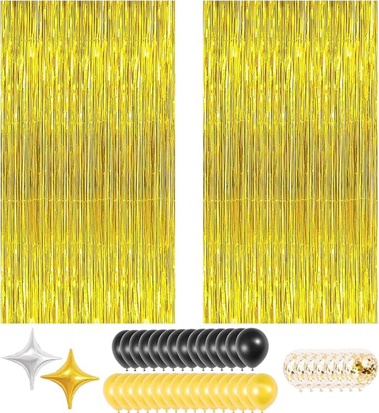 Gold Foil Party Curtain Kit with Balloons & Garland – 2-Pack Metallic Fringe Backdrop (3.28×6.56 ft) for Christmas, Graduation, Birthday Photo Booth New Year Decorations