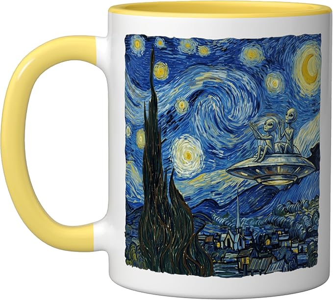 Aliens Saucer UFO Extraterrestrial Fun Starry Night Van Gogh Ceramic Mug, Yellow/White