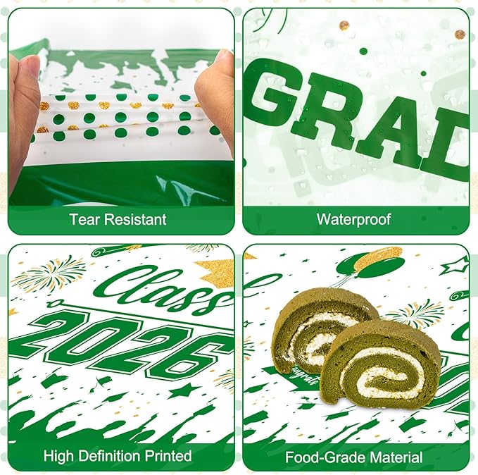 Graduation Decorations Class of 2026 Tablecloth - 3 Pcs Plastic Congrats Grad Table Cloth, Graduation Table Cover for Graduations Party Decorations 2026 and Party Supplies, 54"x108" (Green and Gold)