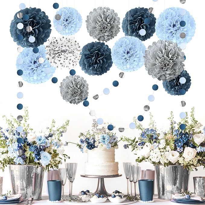 NICROLANDEE Dusty Blue Wedding Decorations, 15 PCS Tissue Pom Poms Paper Garland Decoration for Something Blue Bridal Shower Bachelorette Party Baby Shower Decorations