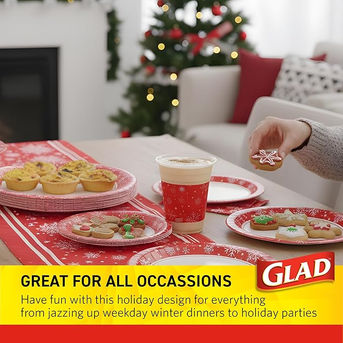 Glad Everyday Disposable Paper Bowls, Red Snowflake Holiday Design - Heavy Duty Soak-Proof Microwavable Paper Bowls - For Soups, Cereals, and Hot Foods, 12 Ounce, 20 Count