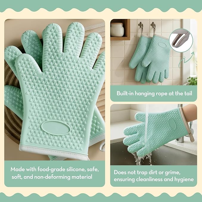 Silicone Oven Mitts Heat,1 Pair Non-Slip Five-Finger Oven Gloves, Waterproof Flexible BBQ Grilling Gloves with Hanging Loops, Kitchen Mitts for Baking Cooking Frying (Sky Blue)