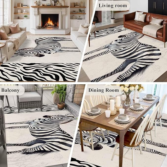 Area Rug 6x9ft, Zebra Black Stripe Animal Portrait Washable Rugs for Living Room Bedroom, Vintage Tree Branch Soft Non-Slip Area Rugs Rectangle Floor Carpet for Dining Room