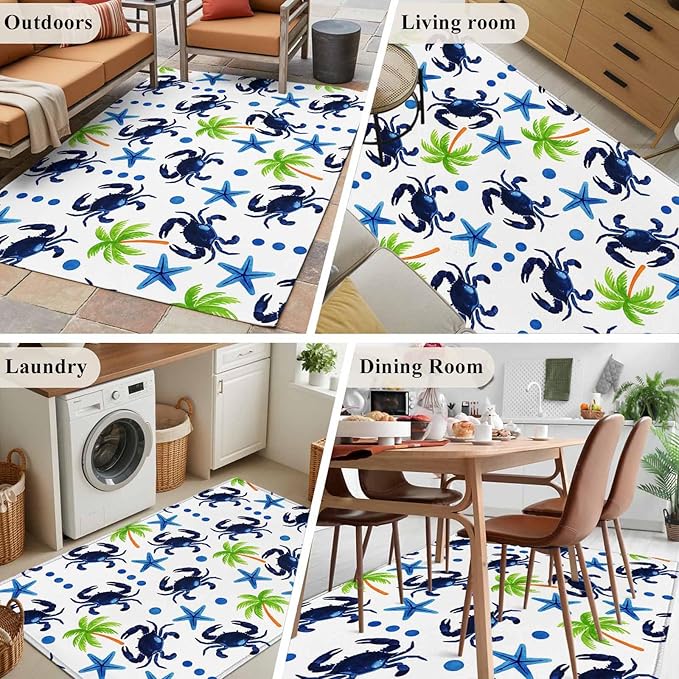 Area Rug 3x5ft, Abstract Blue Crab Starfish Washable Rugs for Living Room Bedroom, Watercolor Palm Tree Soft Non-Slip Area Rugs Rectangle Floor Carpet for Dining Room
