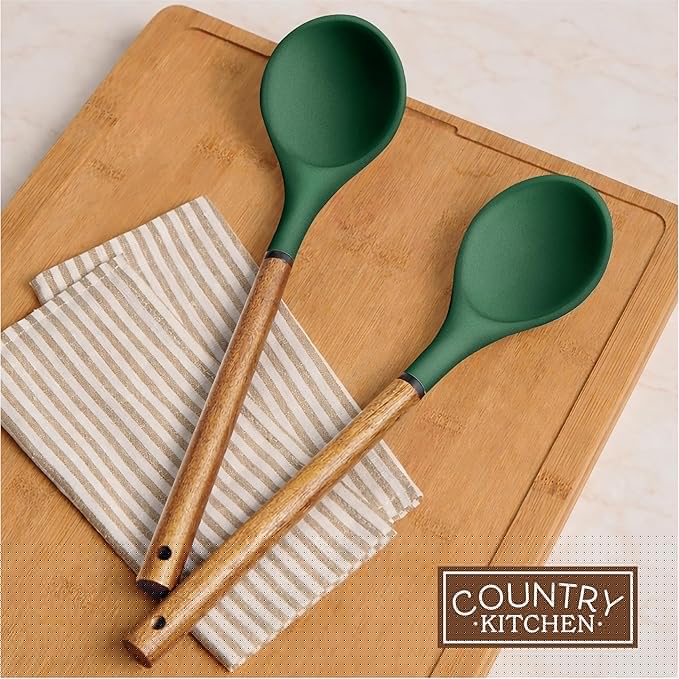 Country Kitchen Non Stick Silicone Utensil Set with Rounded Wood Handles for Cooking and Baking, 8 Piece Set, Green