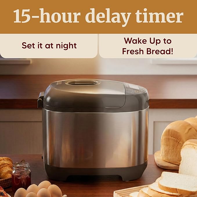 Elite Gourmet EBM8103SS Programmable Bread Maker Machine, 3 Loaf Sizes, 19 Menu Functions Gluten Free White Wheat Rye French and more, 2 Lb, Stainless Steel