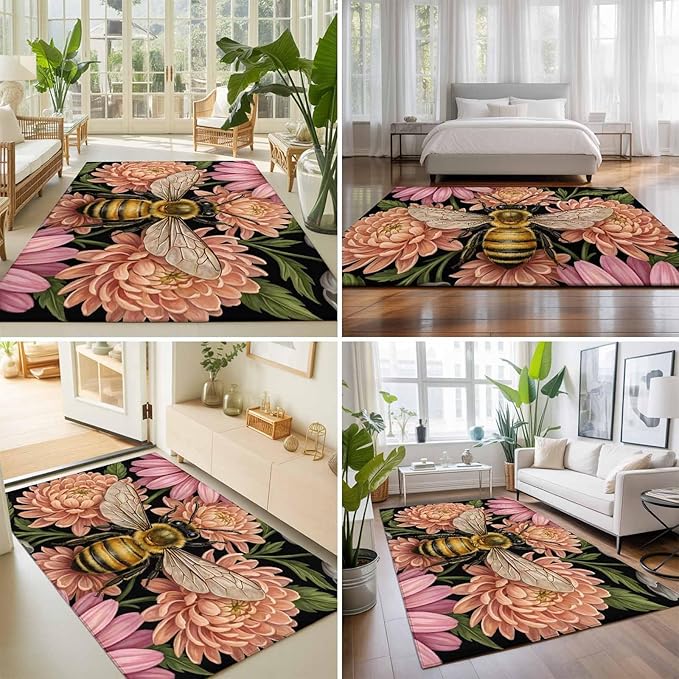 Area Rug 3x5ft, Vintage Honey Gold Bee Pink Flowers Washable Rugs for Living Room Bedroom, Sage Green Leaves Soft Non-Slip Area Rugs Rectangle Floor Carpet for Dining Room