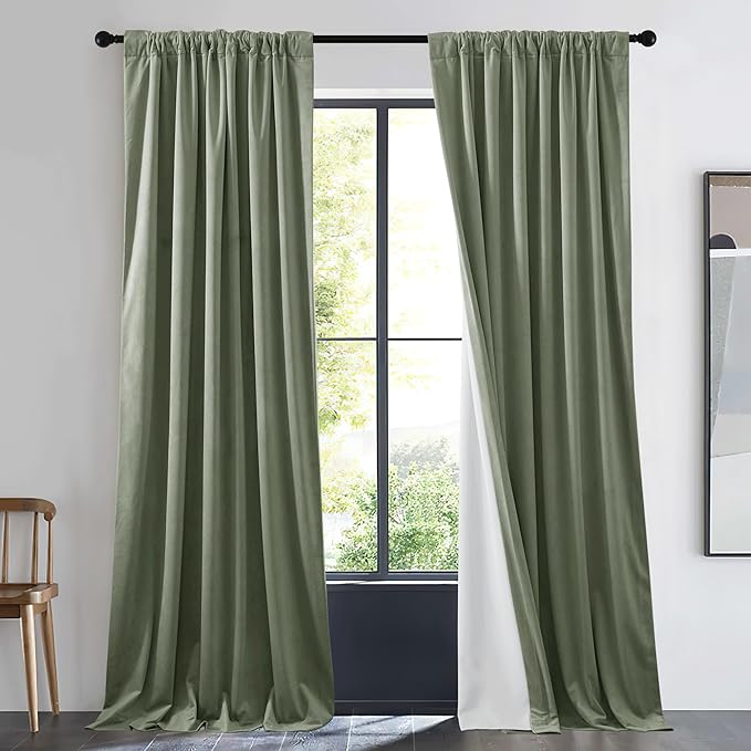 NICETOWN Cold Blocking Sage Green Velvet Curtain Long Drape for Bedroom, 1 Panel Living Room Office Luxury Bedroom Room Darkening Rod Pocket Velvet Room Divider Panel 84" Long, 48 inches Wide